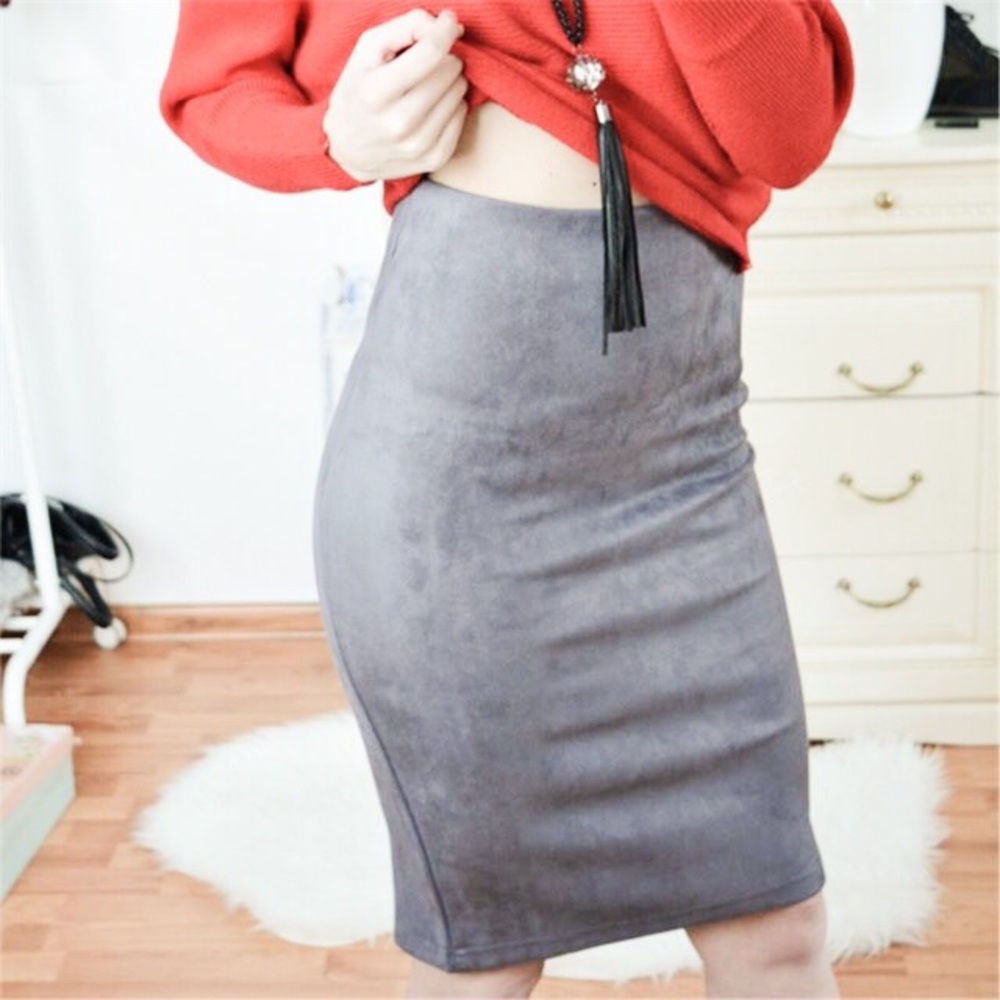 Grey High Waisted Suede Pencil Skirt